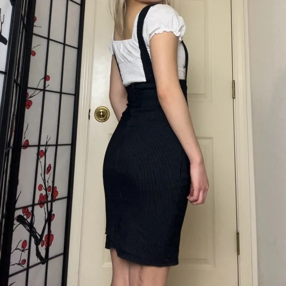 Solar USA | Dark Navy Blue Pinstripe Pinafore Bodycon Pencil Skirt Dress - Picture 5 of 6